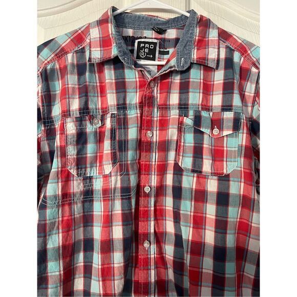 PROJEKRAW Mens Multicolor Plaid Collared Short Sleeves Button-Up Shirts XL - Picture 13 of 15